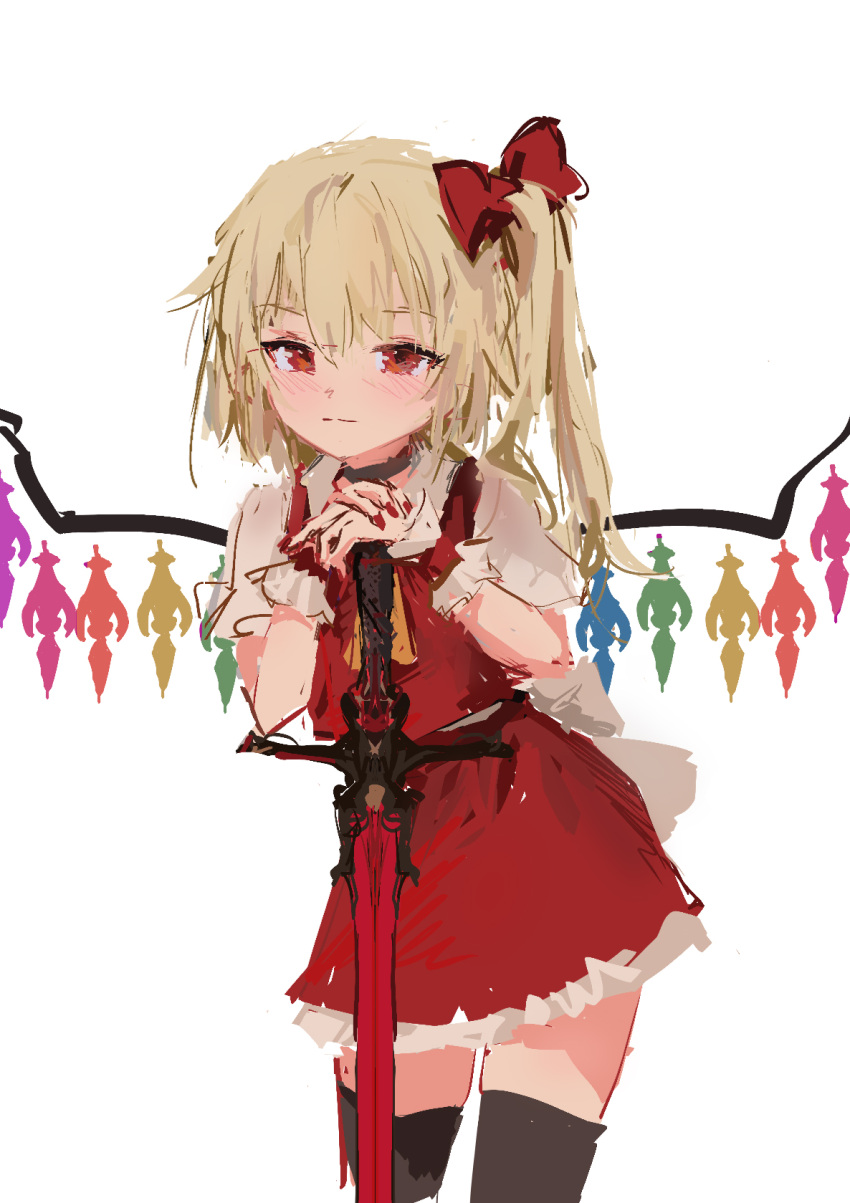 1girl back_bow bangs blonde_hair blush bow choker closed_mouth cowboy_shot flandre_scarlet hair_between_eyes hair_bow hands_on_hilt high_ponytail highres leaning_forward leaning_on_object light_smile long_hair looking_at_viewer miniskirt red_eyes red_skirt red_vest reddizen shirt short_sleeves side_ponytail simple_background skirt skirt_set solo sword thighhighs touhou vest weapon white_background wings wristband zettai_ryouiki