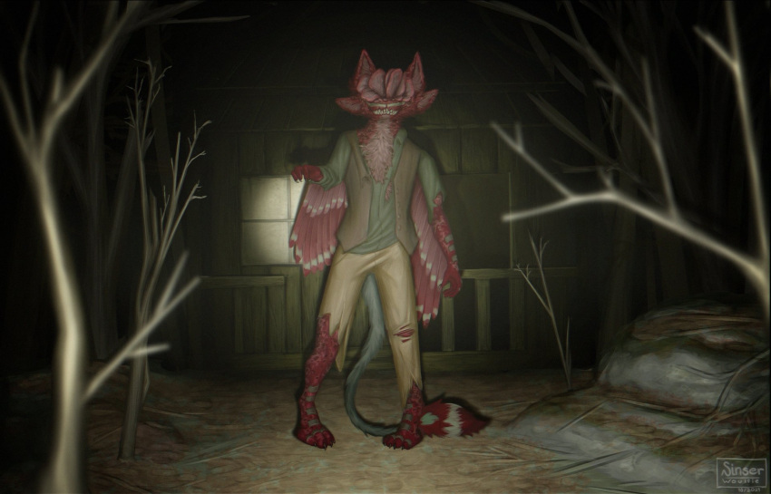 abandoned_building anthro avali bottomwear clicker_(tlou) clothing colored dead_tree detailed detailed_background digital_drawing_(artwork) digital_media_(artwork) feathers flashlight forest forest_background hi_res high_quality horror_(theme) infected infection looking_at_viewer male nature nature_background naughty_dog night outside pants plant portrait red_body red_feathers rock shaded shambling sinser solo sony_corporation sony_interactive_entertainment standing teeth_showing the_last_of_us torn_bottomwear torn_clothing torn_pants tree undead walking window zombie