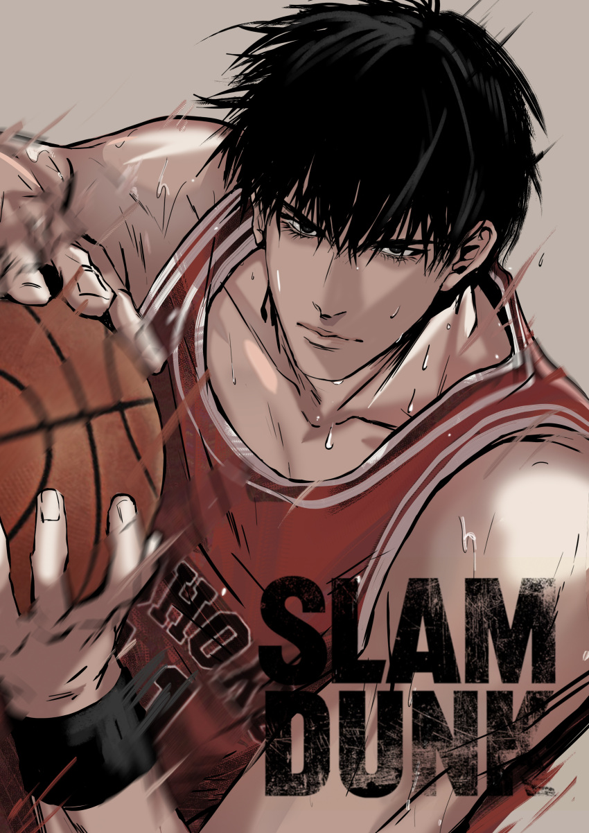 1boy absurdres ball bangs basketball basketball_jersey basketball_uniform black_eyes black_hair black_wristband copyright_name hair_between_eyes highres holding holding_ball jannryu3 korean_commentary looking_at_viewer male_focus red_shirt rukawa_kaede shirt short_hair simple_background slam_dunk_(series) sleeveless sleeveless_shirt sportswear v-shaped_eyebrows