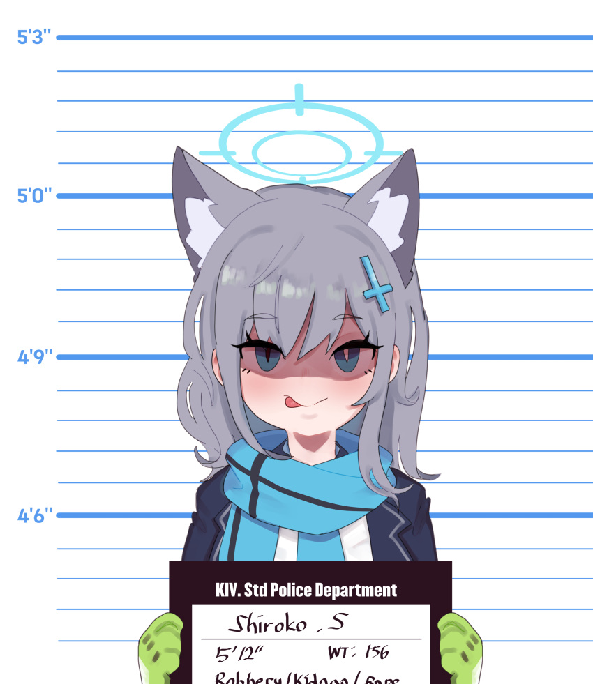 1girl :p absurdres animal_ear_fluff animal_ears bangs blue_archive blue_eyes blue_scarf blush character_name english_text gloves green_gloves grey_hair hair_between_eyes hair_ornament halo height_chart highres holding holding_sign jacket long_hair long_sleeves looking_at_viewer lulubelleiii mismatched_pupils mugshot scarf shaded_face shiroko_(blue_archive) sign solo tongue tongue_out upper_body x_hair_ornament