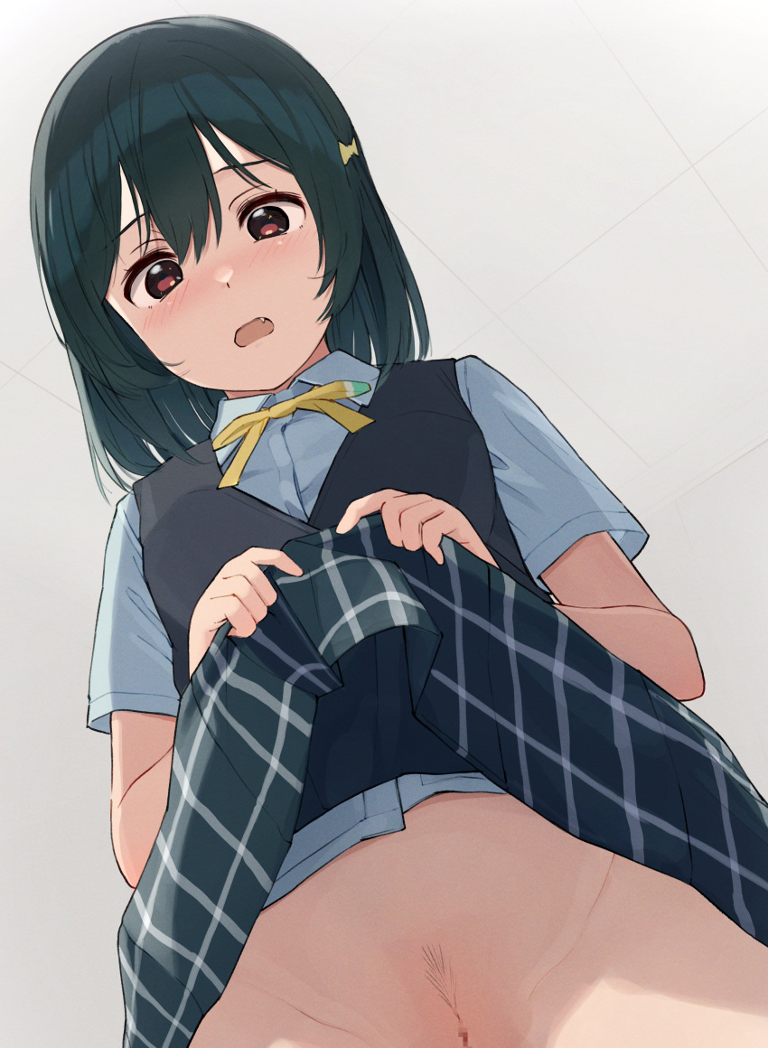 1girl absurdres blush ceiling censored clothes_lift dark_green_hair fang female_pubic_hair from_below hair_between_eyes hair_ribbon highres looking_down love_live! love_live!_nijigasaki_high_school_idol_club medium_hair mifune_shioriko mosaic_censoring nijigasaki_academy_school_uniform no_panties open_mouth pubic_hair pussy red_eyes ribbon school_uniform skirt skirt_lift solo tata_(tataice) tile_ceiling tiles