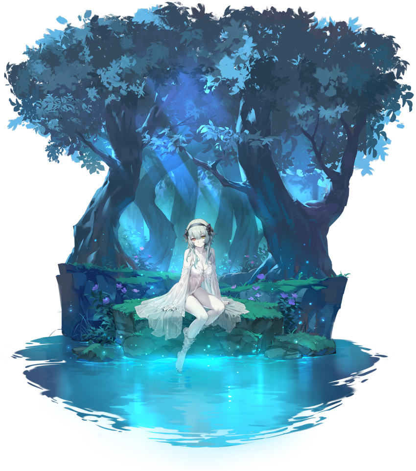 1girl absurdres atelier_(series) atelier_ryza atelier_ryza_2 azur_lane bangs bare_shoulders barefoot black_nails blue_hair breasts cleavage collarbone colored_skin fingernails forest full_body fur gradient_hair hairband heterochromia highres large_breasts light_smile looking_at_viewer medium_hair multicolored_eyes multicolored_hair nail_polish nature night nightgown non-web_source official_art outdoors pale_skin red_eyes serri_glaus serri_glaus_(fairy_dreamer_beneath_the_starry_sky) sitting smile thighs toenails toes transparent_background tree two-tone_hair water white_hair white_skin yd_(orange_maru) yellow_eyes
