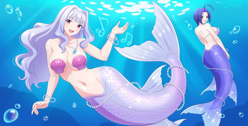2girls absurdres bead_necklace beads blue_hair breasts bubble gem highres idolmaster idolmaster_(classic) jewelry kiria_ai kneeless_mermaid large_breasts long_hair looking_at_viewer mermaid miura_azusa monster_girl monsterification multiple_girls musical_note navel necklace shell shell_bikini shijou_takane short_hair smile sparkle underwater