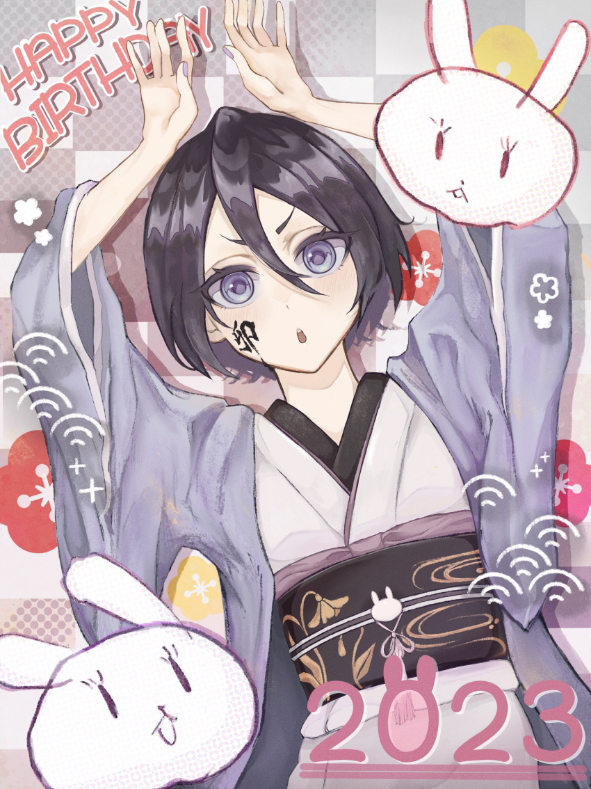 1girl 2023 absurdres arms_up bangs black_hair bleach bunny_pose checkered_background chinese_zodiac commentary_request hair_between_eyes happy_birthday highres japanese_clothes kimono kuchiki_rukia long_sleeves looking_at_viewer obi open_clothes parted_bangs parted_lips purple_eyes sash short_hair solo straight-on syo_ga0011 thick_eyebrows v-shaped_eyebrows white_kimono wide_sleeves year_of_the_rabbit
