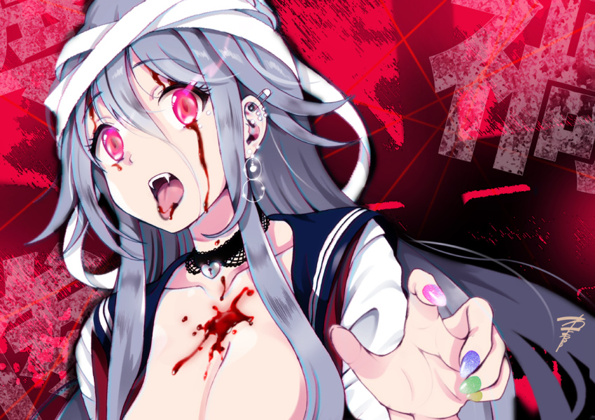 1girl bandaged_head bandages black_collar blood blood_from_eyes blood_from_mouth blood_on_breasts breasts cleavage collar commentary_request ear_piercing earrings fangs glowing glowing_eyes green_nails grey_hair jewelry large_breasts lock long_hair multicolored_nails open_clothes open_mouth open_shirt original piercing pink_eyes pink_nails purple_nails red_background safety_pin school_uniform serafuku signature solo tongue tongue_out upper_body yamasaki_wataru yellow_nails