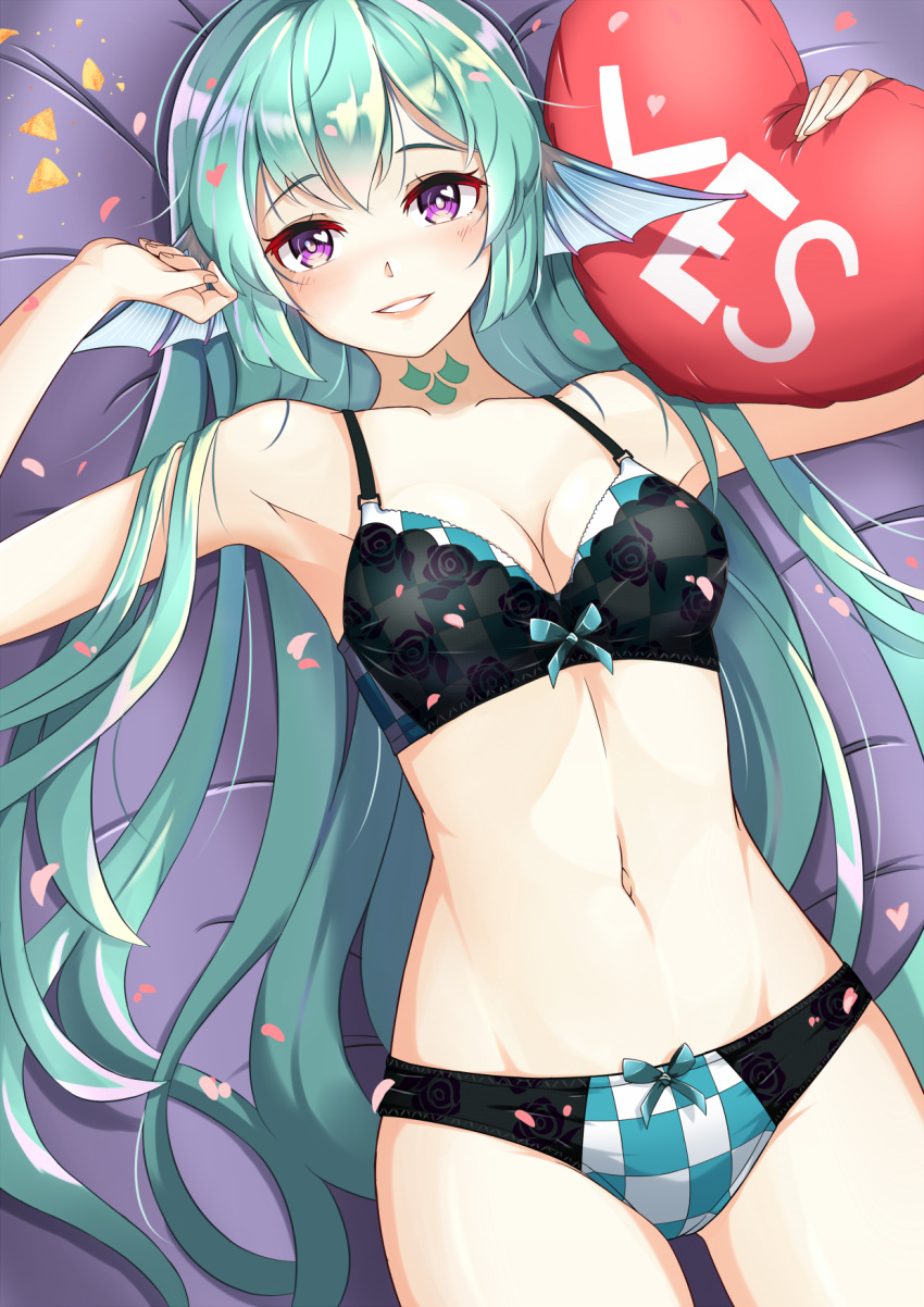 1girl adapted_costume black_bra black_panties bow bow_panties bra breasts c_turtle cleavage collarbone english_commentary finana_ryugu fish_girl green_hair head_fins heart heart_in_eye heart_pillow highres holding holding_pillow long_hair looking_at_viewer lying medium_breasts midriff navel neck_tattoo nijisanji nijisanji_en on_back on_bed panties parted_lips pillow purple_eyes smile solo symbol_in_eye tattoo underwear underwear_only very_long_hair virtual_youtuber yes-no_pillow