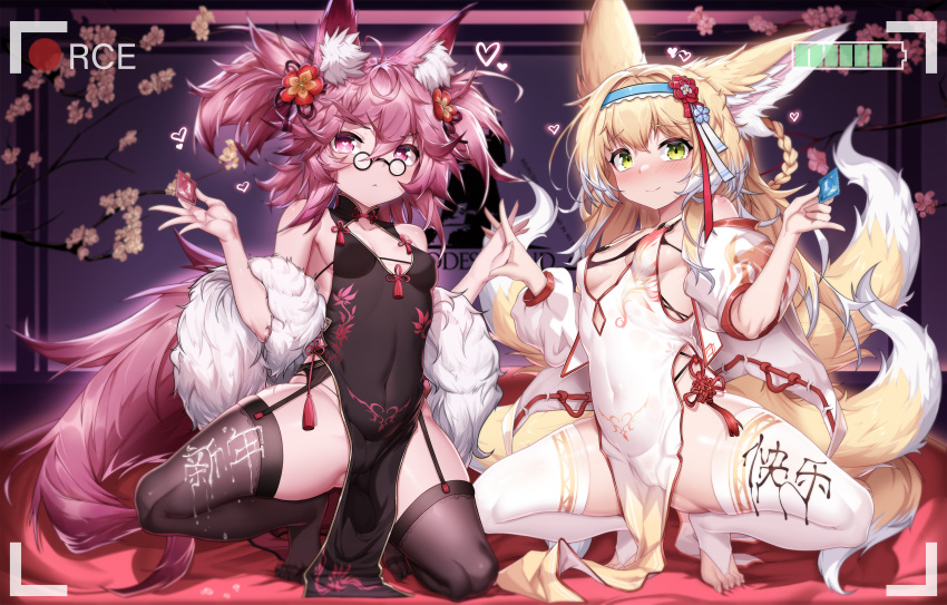 2girls :&lt; absurdres ahoge alternate_costume animal_ears arknights ass_visible_through_thighs bare_shoulders bespectacled bikini black-framed_eyewear black_bikini black_dress black_thighhighs blonde_hair blue_hairband blush breasts bridal_legwear china_dress chinese_clothes closed_mouth collarbone condom condom_wrapper covered_navel ddddecade dress flower fox_ears fox_girl fox_tail fur_shawl garter_belt glasses green_eyes hair_flower hair_ornament hairband heart heart-shaped_pupils highres holding holding_condom indoors long_hair looking_at_viewer medium_breasts micro_bikini multicolored_hair multiple_girls multiple_tails one_knee pelvic_curtain purple_eyes purple_hair red_flower shamare_(arknights) shawl short_hair sleeveless sleeveless_dress small_breasts smile spread_legs squatting suzuran_(arknights) swimsuit symbol-shaped_pupils tail thighhighs two-tone_hair two_side_up very_long_hair viewfinder white_dress white_hair white_thighhighs