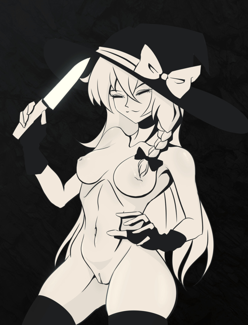 1girl bangs bow braid breasts closed_eyes closed_mouth contrapposto cookie_(touhou) cowboy_shot duojiaomaotou-tougarashi fingerless_gloves gloves greyscale hair_between_eyes hair_bow hat hat_bow highres holding holding_knife inverted_nipples kirisame_marisa knife long_hair medium_breasts monochrome navel nipples nude pussy side_braid single_braid smile solo suzu_(cookie) thighhighs touhou uncensored witch_hat