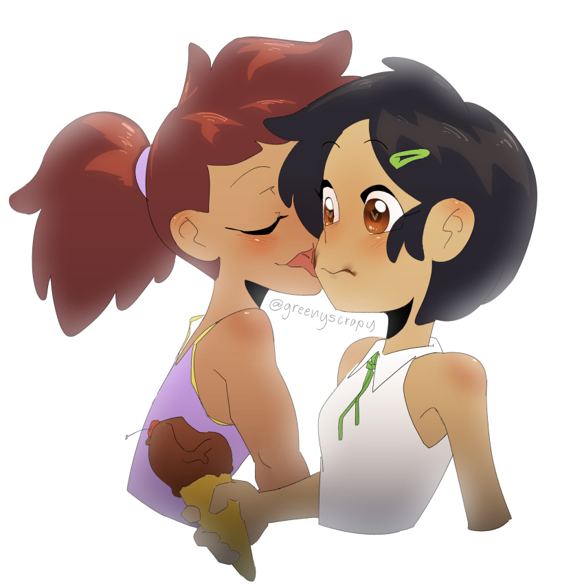 2girls amphibia anne_boonchuy black_hair blush brown_eyes brown_hair cherry chocolate closed_eyes collared_shirt cropped_torso food fruit hair_ornament hairclip highres ice_cream_cone licking licking_another's_cheek licking_another's_face marcy_wu medium_hair multiple_girls purple_tank_top shirt short_hair simple_background sleeveless sleeveless_shirt spicyf4u tank_top tongue tongue_out twitter_username white_background white_shirt yuri