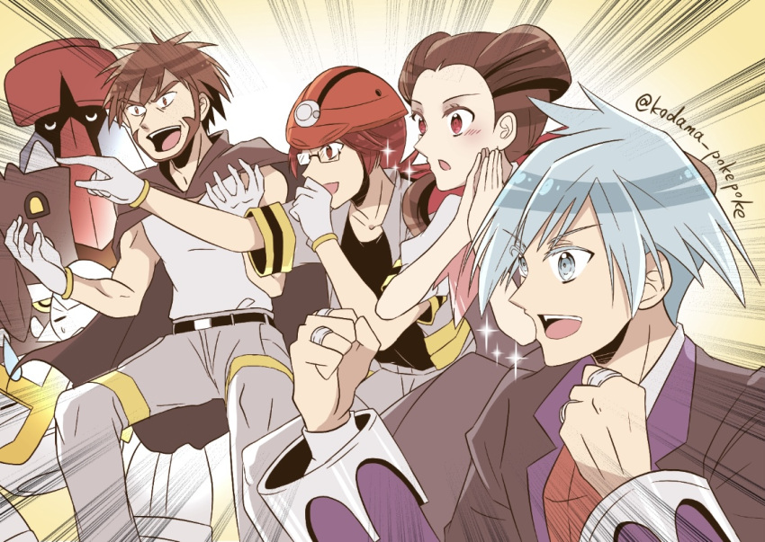 1girl 3boys bastiodon beard belt black_shirt brown_hair byron_(pokemon) cape cranidos dress facial_hair father_and_son gaijin_4koma_(meme) glasses gloves grey_eyes grey_hair helmet jacket jewelry kodama_pokepoke long_hair meme metagross multiple_boys open_clothes open_jacket open_mouth own_hands_together pants parody pointing pokemon pokemon_(creature) pokemon_(game) pokemon_dppt pokemon_oras probopass red_eyes red_hair ring roark_(pokemon) roxanne_(pokemon) shirt short_hair sleeveless sleeveless_shirt steven_stone twitter_username white_gloves