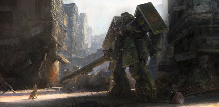 absurdres allenwei building cannon cityscape damaged dirty dust english_commentary gundam highres machinery mecha mobile_suit mobile_suit_gundam original realistic redesign robot roundel ruins science_fiction shield wreckage zaku