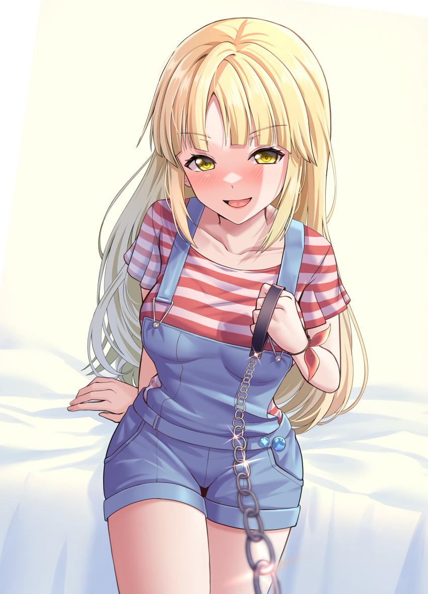 1girl absurdres arm_at_side bang_dream! bangs bed_sheet blonde_hair blue_overalls blunt_bangs blurry blurry_foreground blush bracelet breasts chain collarbone commentary_request cowboy_shot glint hand_up highres holding holding_leash jewelry korean_commentary leash long_hair looking_at_viewer medium_breasts mixed-language_commentary overalls parted_lips pocket pov ptal red_shirt shirt short_sleeves sitting smile solo striped striped_shirt thigh_gap tsurumaki_kokoro very_long_hair viewer_on_leash yellow_background yellow_eyes