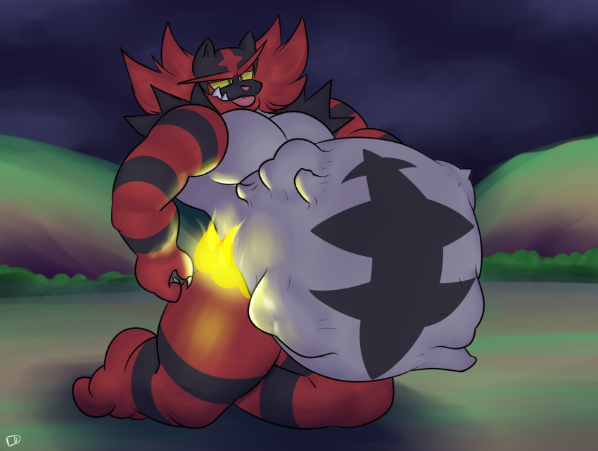 anthro belly bulge fire generation_7_pokemon hi_res incineroar male male/male nintendo pokemon pokemon_(species) solo squintingboi squirming tongue vore