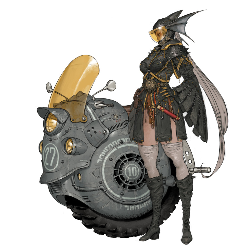 armor boots dark_skin fins full_body gloves grey_hair hands_on_hips helmet highres long_hair motorized_unicycle original pauldrons shoulder_armor simple_background standing tahra thighhighs very_long_hair white_background white_thighhighs wide_sleeves