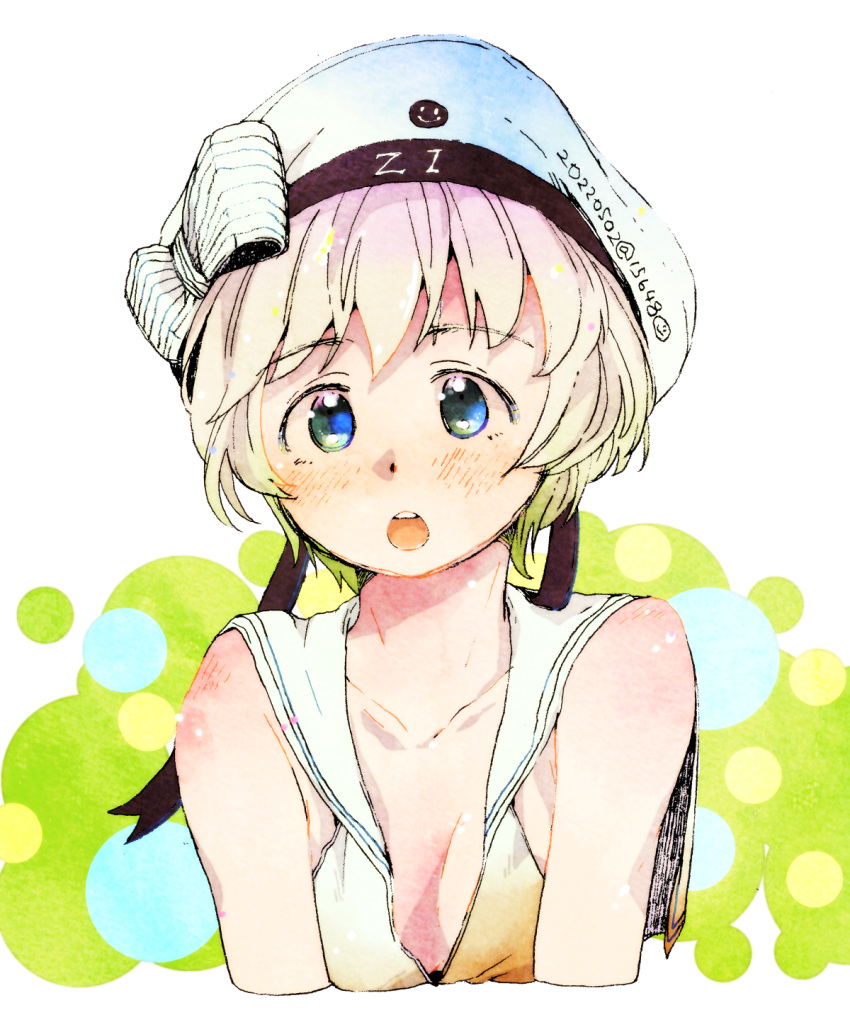 1girl :o bikini bow commentary_request cropped_torso dated flat_chest hat hat_bow highres ichigo6480 kantai_collection one-hour_drawing_challenge open_mouth sailor_collar sailor_hat short_hair signature solo striped striped_bow swimsuit twitter_username upper_body white_bikini white_sailor_collar z1_leberecht_maass_(kancolle)