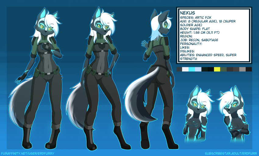 absurd_res anthro arctic_fox canid canine clothing erdfurry female fox front_view fur glowing glowing_body glowing_fur glowing_hair glowing_markings glowing_tongue hair hi_res looking_at_viewer mammal markings military_uniform model_sheet nexus_(hunterx90) pose rear_view super_soldier teasing tongue uniform