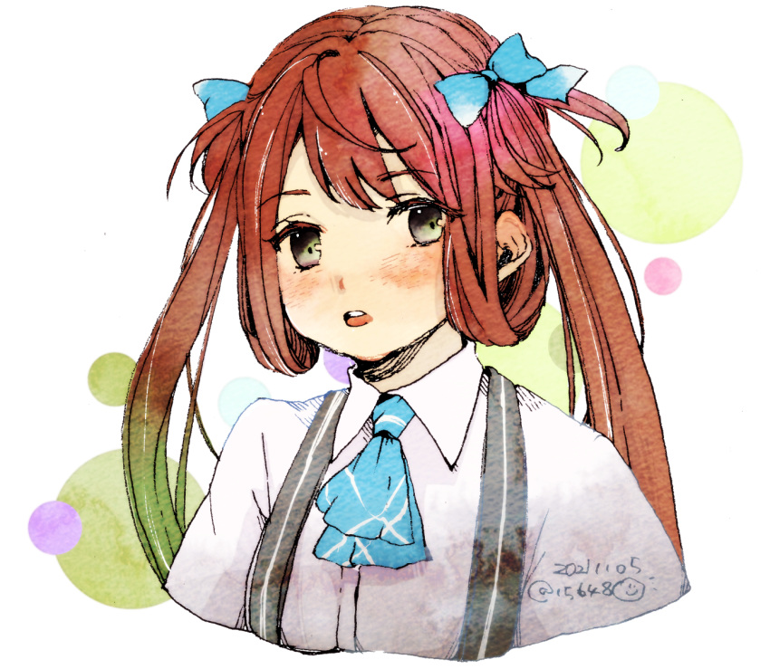 1girl asagumo_(kancolle) ascot black_eyes blue_ascot blue_bow bow commentary_request cropped_torso dated hair_bow hair_rings highres ichigo6480 kantai_collection long_hair one-hour_drawing_challenge red_hair school_uniform solo suspenders twintails twitter_username upper_body