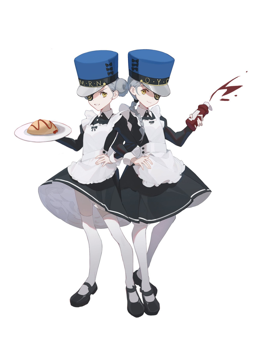 2girls alternate_costume apron black_dress black_footwear blue_headwear braid buttons cabbie_hat caroline_(persona_5) closed_mouth collared_dress commentary_request doughnut_hair_bun dress enmaided eyepatch food full_body grey_hair grin hair_bun hat highres holding holding_plate justine_(persona_5) ketchup ketchup_bottle locked_arms long_sleeves looking_back maid maid_apron multiple_girls omelet persona persona_5 plate shoes siblings simple_background single_braid sisters smile thighhighs twins white_apron white_background white_thighhighs yellow_eyes yimi_(christi72220862)