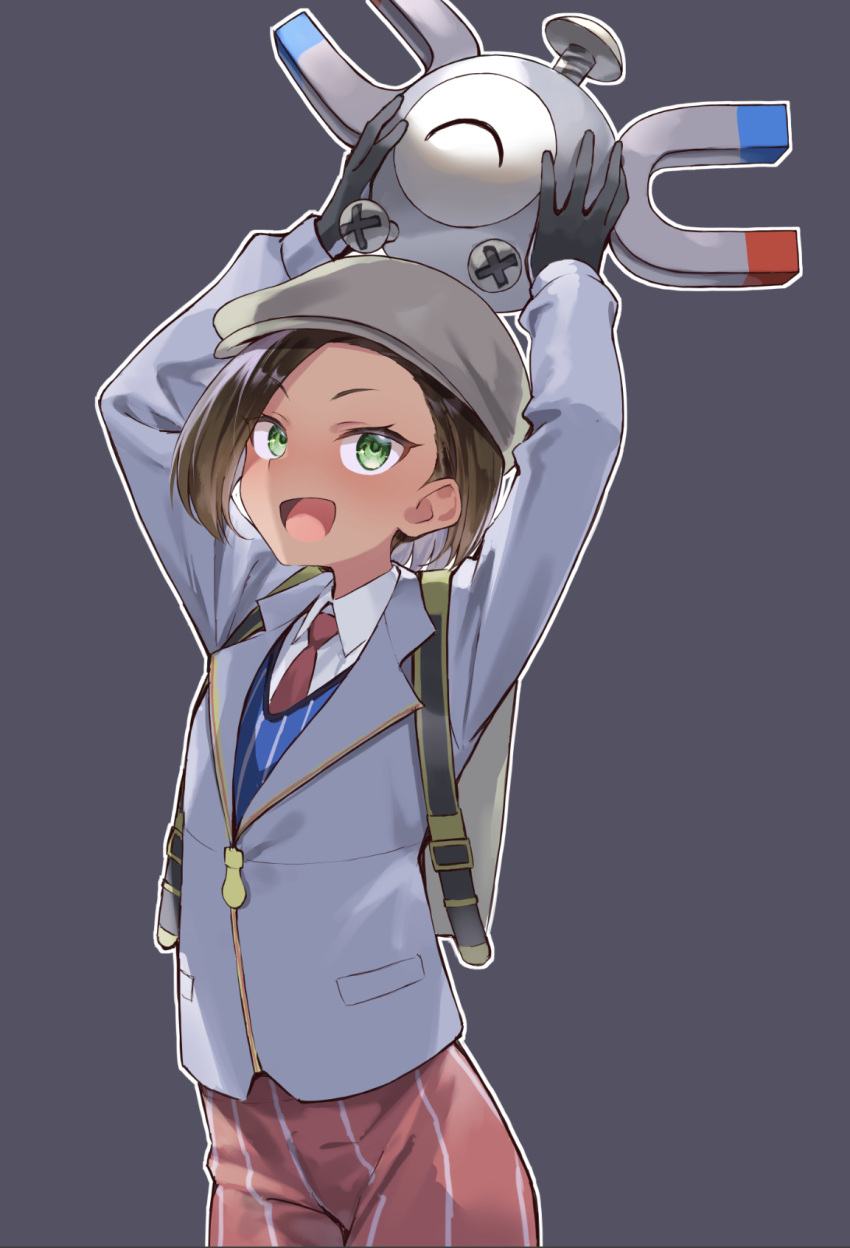 1girl :d alternate_hairstyle arms_up black_gloves blue_vest brown_hair collared_shirt commentary_request eyelashes gloves green_eyes grey_background grey_headwear grey_jacket hat highres holding holding_pokemon jacket juliana_(pokemon) long_sleeves magnemite momihige necktie open_mouth orange_pants outline pants pokemon pokemon_(creature) pokemon_(game) pokemon_sv red_necktie shirt short_hair smile vest white_shirt zipper_pull_tab