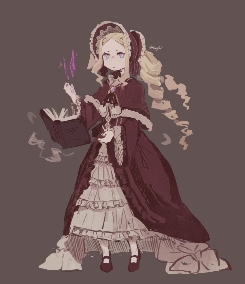 1girl bangs beatrice_(re:zero) blonde_hair bonnet book brown_background capelet commentary_request dress eyelashes frills full_body fur-trimmed_capelet fur_trim highres long_hair long_sleeves looking_at_viewer marggri parted_bangs parted_lips re:zero_kara_hajimeru_isekai_seikatsu red_capelet red_dress red_headwear shoes sidelocks solo standing symbol-shaped_pupils twitter_username watermark