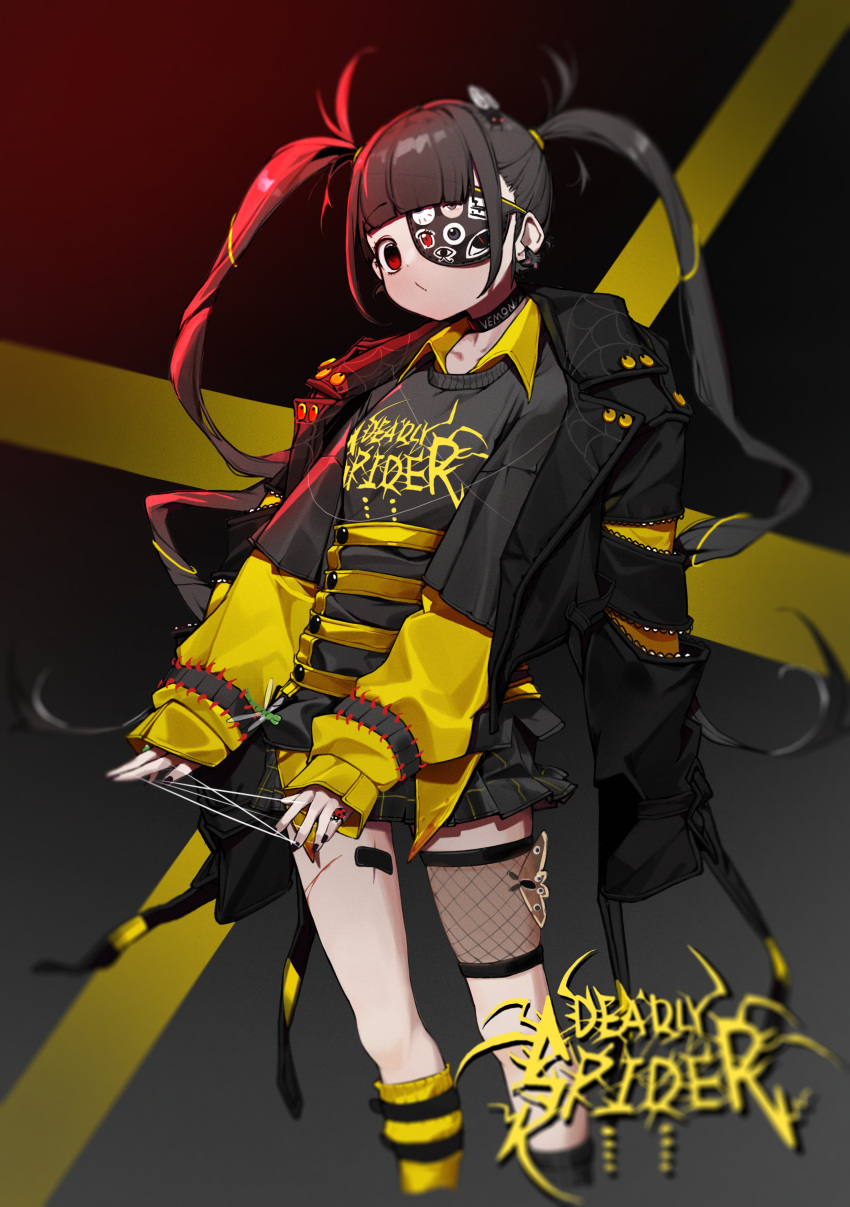 1girl absurdres asymmetrical_legwear bangs black_nails black_shirt black_skirt blunt_bangs choker collared_shirt eyepatch feet_out_of_frame highres insect_on_head long_hair long_sleeves looking_at_viewer original personification print_shirt shirt siguma_(13238772100) skirt sleeves_past_wrists socks solo twintails very_long_hair