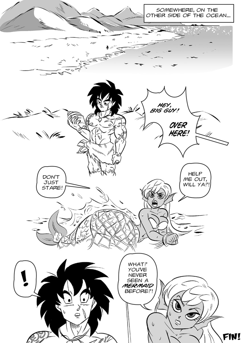 ! 1boy 1girl beach black_hair broly_(dragon_ball_super) cheelai conch dragon_ball dragon_ball_super english_text fins fish_tail funsexydb highres island loincloth mermaid monster_girl mountain muscular muscular_male net pointy_ears scales seashell shell shoulder_tattoo spiked_hair tail tattoo the_end_(phrase) trapped