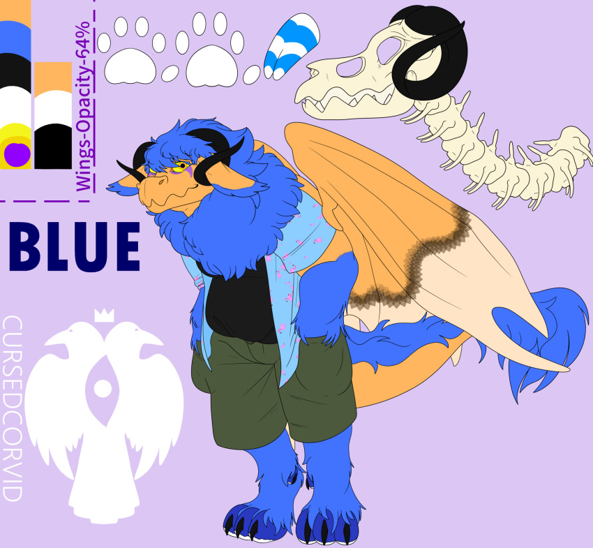 anthro blue_(cursedcorvid) blue_body blue_fur bone bottomwear claws clothed clothing curled_horn cursedcorvid digital_media_(artwork) dragon ear_tuft english_text female fully_clothed fully_clothed_anthro fur furred_dragon hi_res horn invalid_tag lavender_background looking_at_viewer mane markings orange_body orange_eyes orange_fur pawpads purple_markings round_pupils scalie shirt shorts simple_background skull smile solo solo_focus striped_tounge t-shirt tail teeth text tongue topwear tuft vertebrae watermark white_pawpads wings yellow_sclera