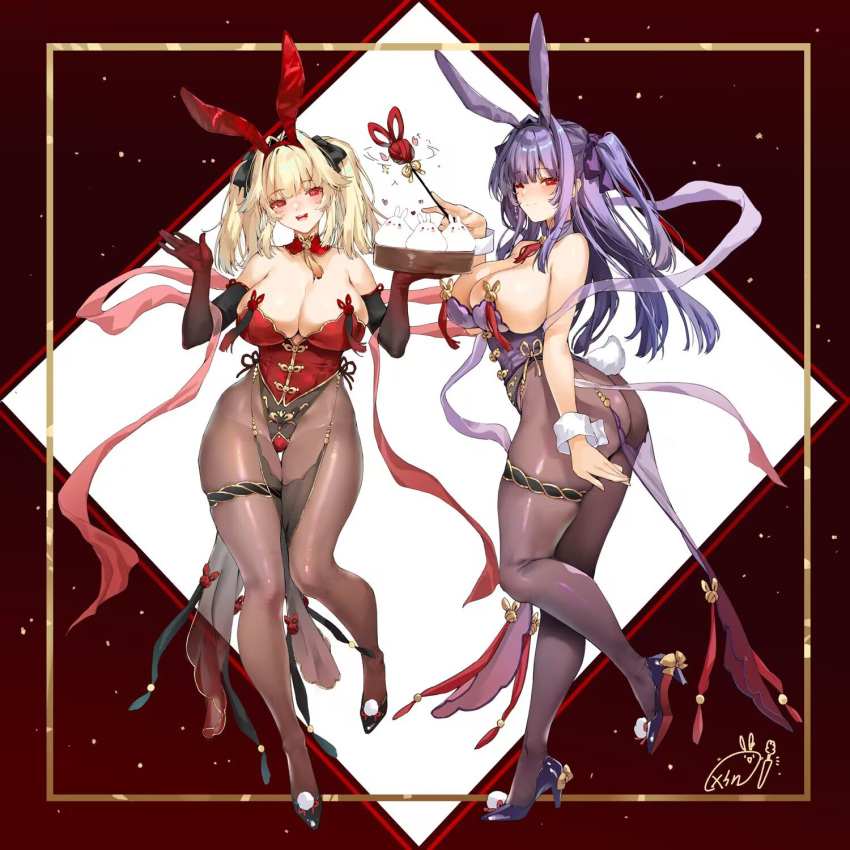 2girls animal_ears ass bangs bare_shoulders black_footwear blonde_hair blush breasts cleavage closed_mouth elbow_gloves fake_animal_ears fake_tail full_body gloves hair_intakes hair_ornament hands_up high_heels highres large_breasts leotard long_hair looking_at_viewer multiple_girls obiwan open_mouth original pantyhose playboy_bunny purple_footwear purple_hair purple_leotard purple_pantyhose rabbit_ears rabbit_tail red_eyes red_gloves red_leotard signature smile tail thighs twintails weisuoxin wrist_cuffs