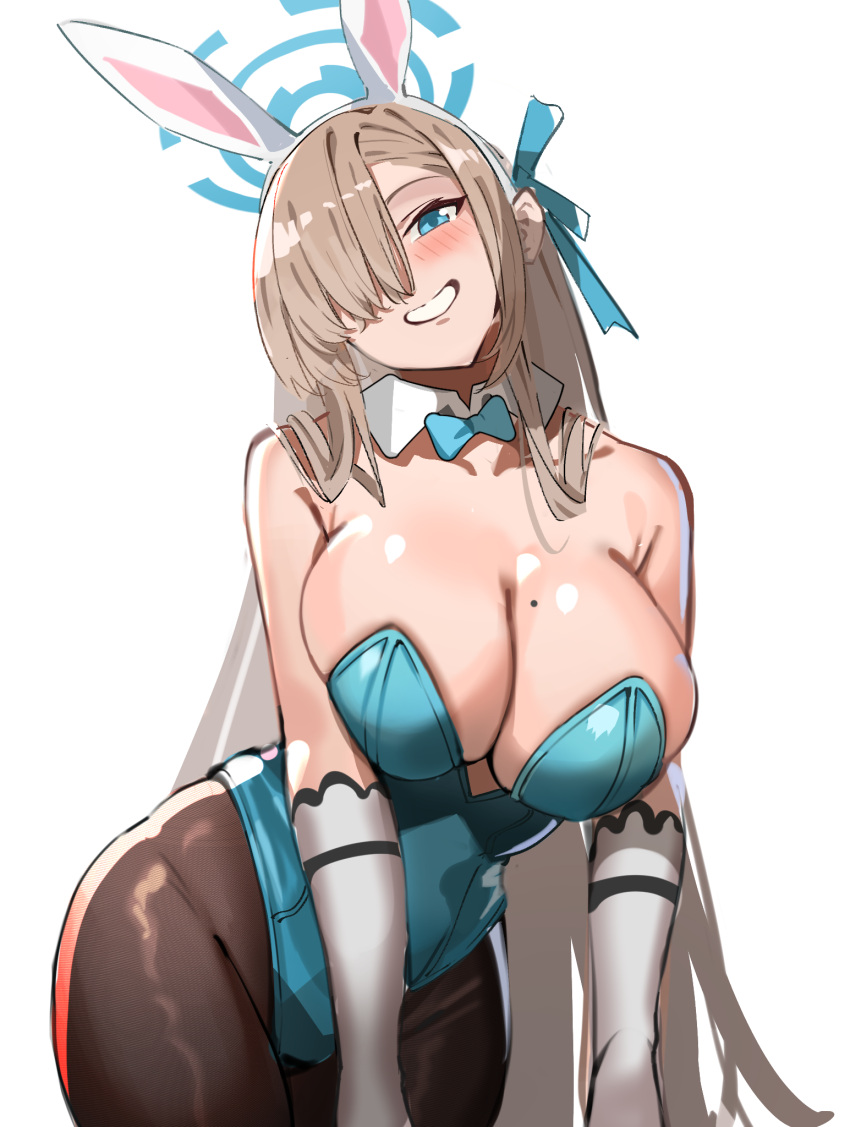 1girl animal_ears asuna_(blue_archive) asuna_(bunny)_(blue_archive) bangs black_pantyhose blue_archive blue_eyes blue_leotard bow bowtie breasts cleavage commentary detached_collar fake_animal_ears gloves grin hair_over_one_eye hair_ribbon highres large_breasts leotard light_brown_hair long_hair looking_at_viewer mole mole_on_breast pantyhose playboy_bunny rabbit_ears ribbon simple_background simplecar smile solo very_long_hair white_background white_gloves