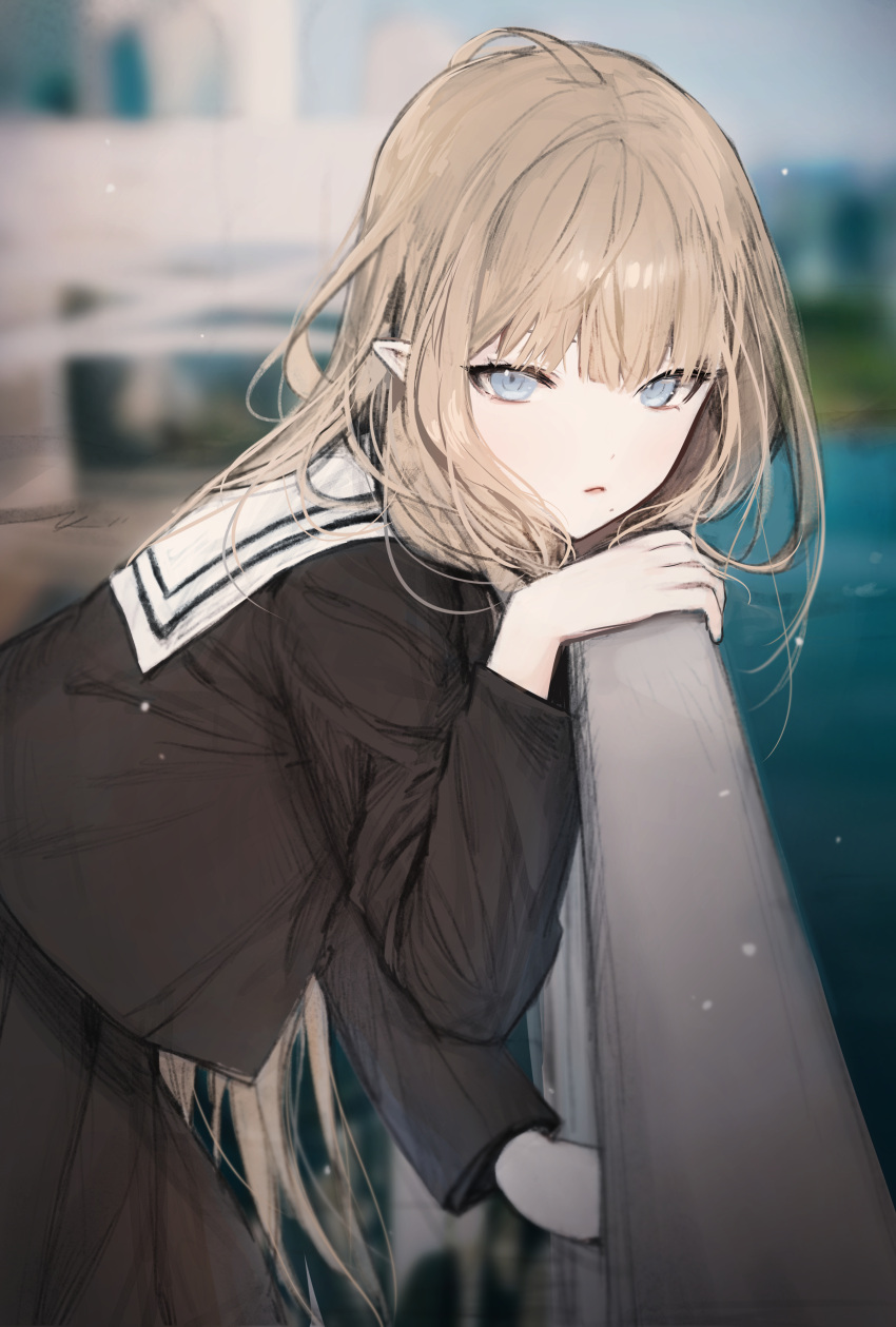 1girl absurdres bangs black_serafuku black_skirt blonde_hair blue_eyes blunt_bangs blurry blurry_background clearpage closed_mouth depth_of_field from_side grey_eyes highres leaning_on_rail light_particles long_hair long_sleeves looking_at_viewer looking_to_the_side original outdoors pleated_skirt pointy_ears sailor_collar school_uniform serafuku sidelocks skirt solo white_sailor_collar