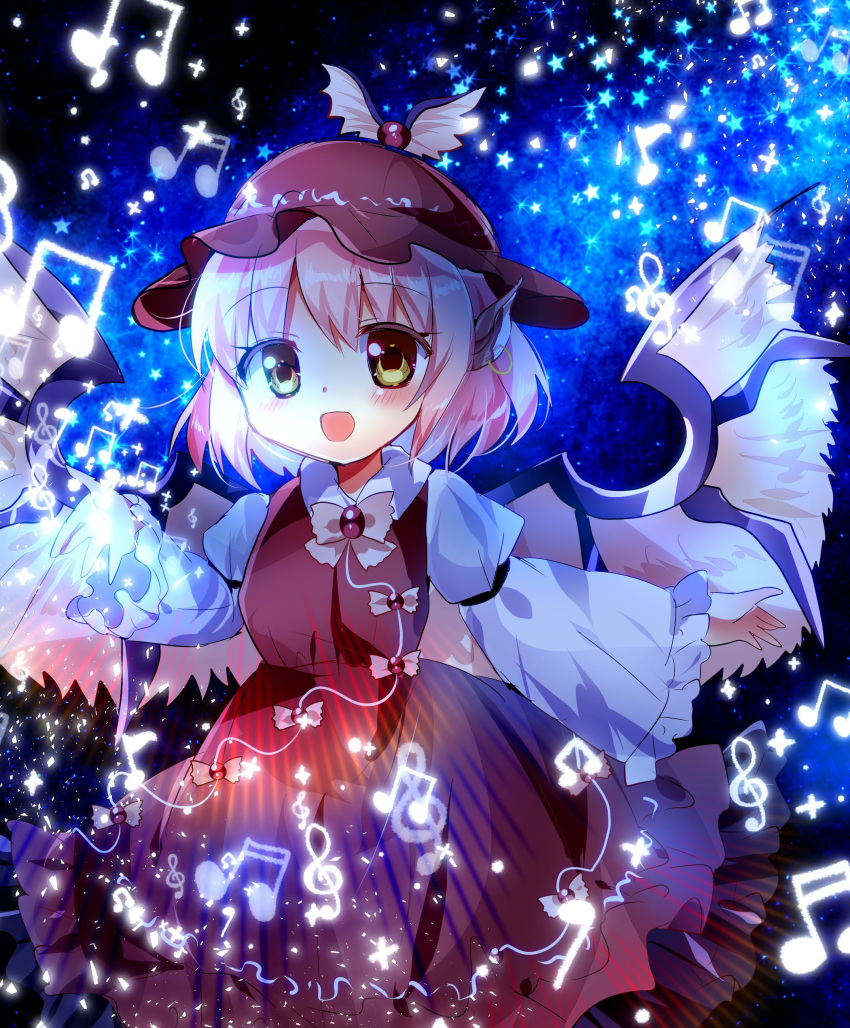 1girl absurdres animal_ears beamed_eighth_notes beamed_sixteenth_notes bird_ears bird_wings blush brown_dress brown_headwear dress earrings eighth_note frilled_dress frilled_sleeves frills hat highres jewelry long_sleeves musical_note mystia_lorelei open_mouth ougi_maimai pink_hair quarter_note short_hair single_earring smile solo touhou treble_clef upper_body white_wings wide_sleeves winged_hat wings yellow_eyes