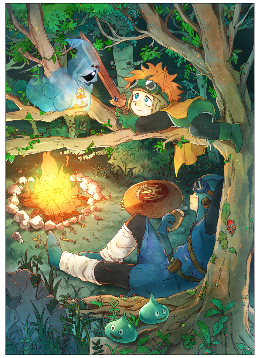 absurdres blue_eyes blue_footwear blue_gloves boots branch bread bush campfire cape dragon_quest dragon_quest_ii eating fire food forest ghost_(dragon_quest) gloves goggles goggles_on_headwear green_footwear green_gloves highres holding holding_lantern holding_sword holding_weapon hood in_tree lantern leaf mari-mason mushroom nature orange_cape orange_hair prince_of_lorasia prince_of_samantoria rock shield sitting sitting_in_tree slime_(creature) slime_(dragon_quest) smile spirit_(dragon_quest) sword tree weapon