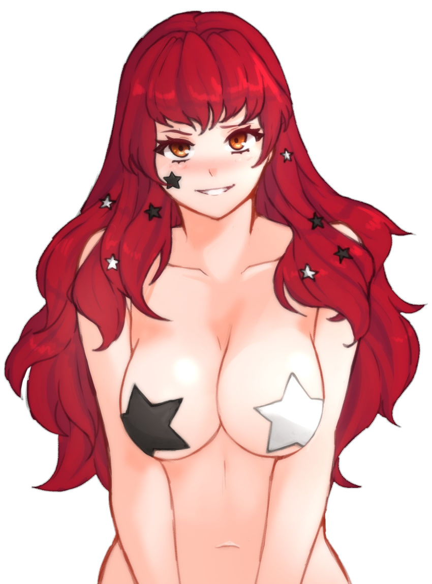 1girl absurdres bare_shoulders blush breasts collarbone facial_tattoo fire_emblem fire_emblem_engage grin highres large_breasts long_hair looking_at_viewer nude orange_eyes pasties raised_eyebrow smile solo star_(symbol) tattoo tridisart white_background yunaka_(fire_emblem)