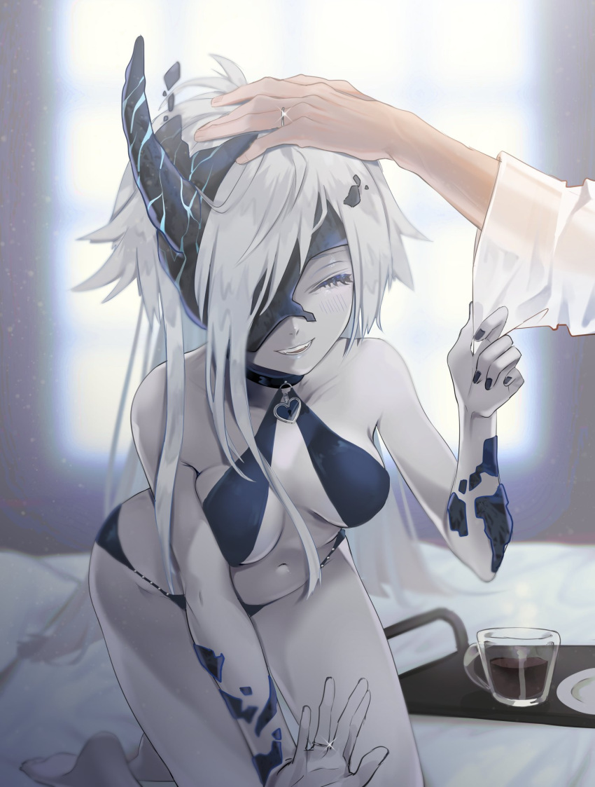 abyssal_ship asymmetrical_hair barefoot bed black_nails blue_eyes breasts choker closed_eyes commission hand_on_another's_head heart_lock_(kantai_collection) highres horns jewelry kantai_collection long_hair ne-class_heavy_cruiser pale_skin petting proposal ring ruohire9 single_horn skeb_commission smile swimsuit white_hair