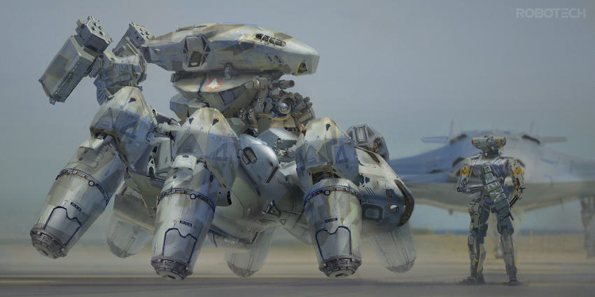 absurdres aircraft allenwei android choujikuu_yousai_macross cloud desert destroid drone dust english_commentary highres logo machinery macross mecha no_humans octos original realistic redesign robot robotech rocket_launcher roundel science_fiction soldier spacecraft starfighter u.n._spacy walker weapon