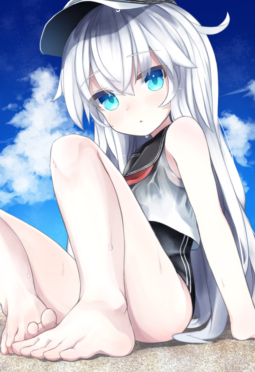 1girl absurdres anchor_symbol bare_arms bare_legs bare_shoulders blue_eyes blush crop_top d: feet flat_cap flat_chest hair_between_eyes hat hibiki_(kancolle) highres jitome kantai_collection knees legs light_blush long_hair looking_at_viewer neckerchief one-piece_swimsuit open_mouth petite rotroto sand school_uniform serafuku side_ahoge sitting sky solo swimsuit thighs toes triangle_mouth wet wet_clothes white_hair