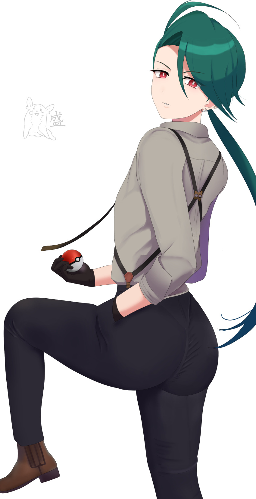 1girl absurdres ahoge ass bangs black_gloves black_pants bright_pupils brown_footwear closed_mouth commentary_request gloves green_hair grey_shirt hand_in_pocket highres holding holding_poke_ball leg_up long_hair looking_at_viewer morpeko morpeko_(full) otohukebonne pants poke_ball poke_ball_(basic) pokemon pokemon_(game) pokemon_sv ponytail red_eyes rika_(pokemon) shirt shoes sleeves_rolled_up white_background white_pupils