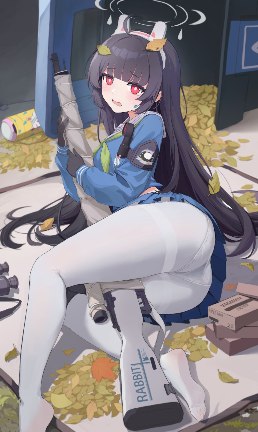 1girl absurdres ahoge animal_ears bangs binoculars black_gloves black_hair blue_archive blue_skirt blunt_bangs blush bolt_action breasts bright_pupils commentary_request fake_animal_ears gloves green_neckerchief gun halo highres knee_pads ku_qiao_kujo leaf leaf_on_head long_hair looking_at_viewer miyu_(blue_archive) mosin-nagant neckerchief no_shoes on_ground on_head open_mouth panties pantyhose pleated_skirt red_eyes rifle single_knee_pad skirt small_breasts sniper_rifle solo tearing_up thermos trash_can underwear very_long_hair weapon white_panties white_pantyhose white_pupils