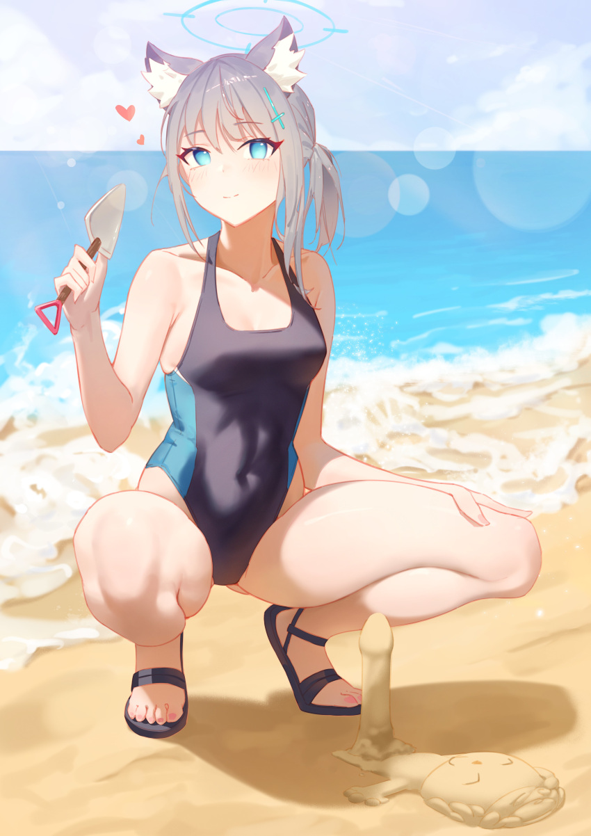 1girl absurdres animal_ear_fluff animal_ears arona's_sensei_doodle_(blue_archive) beach black_one-piece_swimsuit blue_archive blue_eyes blue_one-piece_swimsuit breasts closed_mouth covered_navel cross_hair_ornament full_body grey_hair hair_ornament halo heart highres looking_at_viewer multicolored_clothes multicolored_swimsuit one-piece_swimsuit outdoors sand sandals sensei_(blue_archive) serelith shiroko_(blue_archive) shiroko_(swimsuit)_(blue_archive) small_breasts smile solo squatting swimsuit thighs trowel water wolf_ears