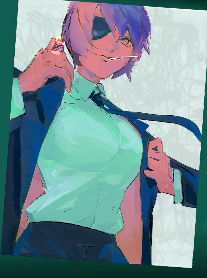 1girl blue_jacket blue_necktie blue_pants breasts chainsaw_man cigarette collared_shirt eyepatch floating_necktie formal green_eyes highres himeno_(chainsaw_man) holding holding_lighter jacket large_breasts lighter looking_at_viewer necktie pants purple_hair shirt shirt_tucked_in short_hair smoking solo suit suit_jacket swissman white_shirt
