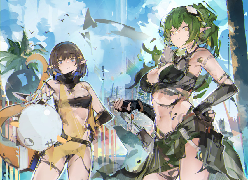 2girls absurdres arknights bare_shoulders bikini black_bikini black_gloves black_hair blue_eyes blue_hair breasts cleavage closed_mouth cowboy_shot day elbow_gloves eunectes_(arknights) gas_mask gavial_(arknights) gavial_the_invincible_(arknights) gloves green_hair hand_on_hip highres holding jumbowhopper large_breasts long_hair looking_at_viewer mask medium_breasts multicolored_hair multiple_girls navel oripathy_lesion_(arknights) outdoors palm_tree partially_fingerless_gloves pointy_ears robot short_hair snake_tail strapless strapless_bikini swimsuit tail tree two-tone_hair yellow_eyes