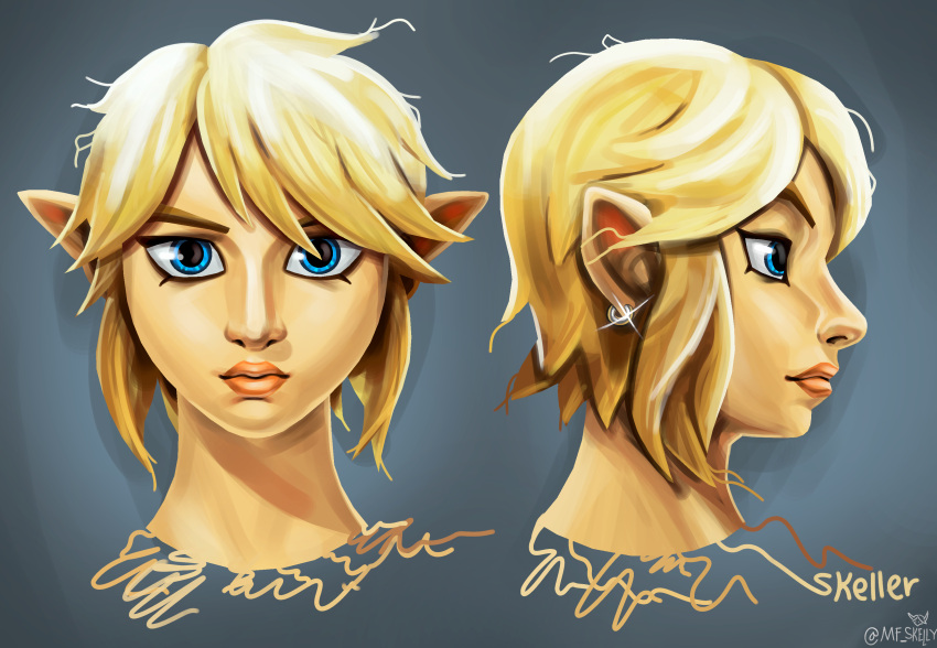 absurd_res blonde_eyebrows blonde_hair blue_eyes ear_piercing ear_ring eyebrows floating_head front_view girly hair hi_res humanoid humanoid_pointy_ears hylian link looking_at_viewer looking_away male mindfucklingskelly nintendo piercing portrait profile ring_piercing side_view solo the_legend_of_zelda