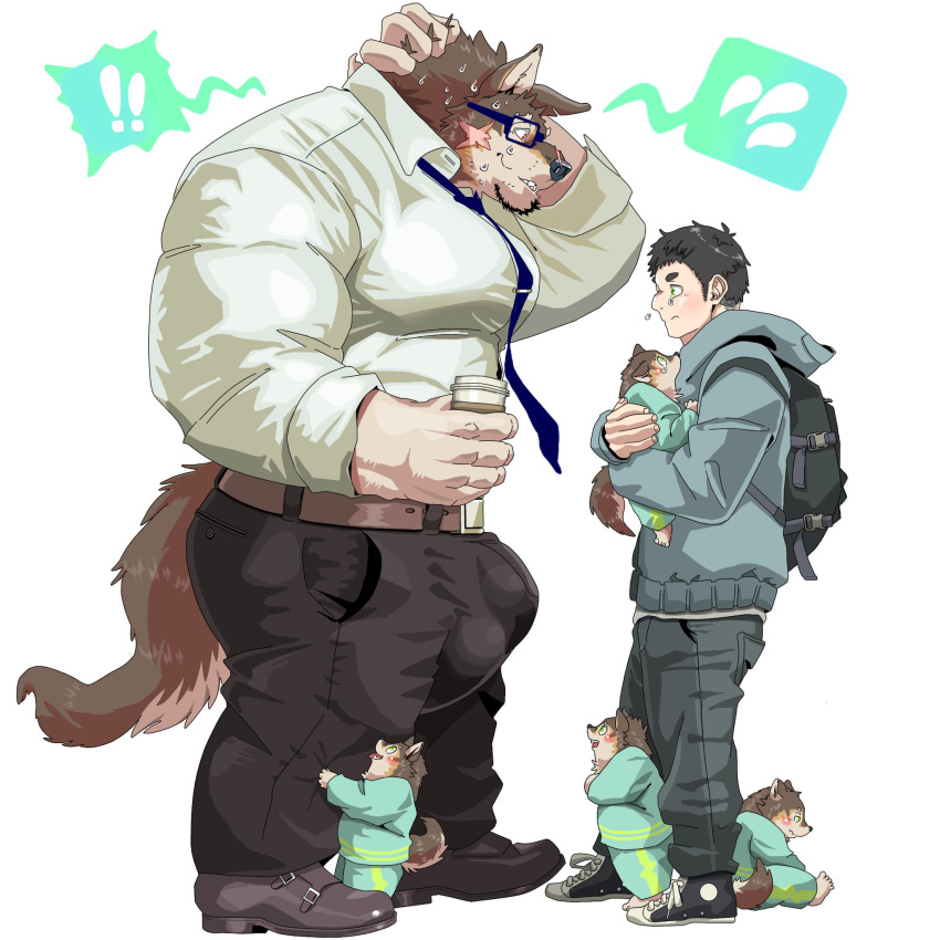 anthro backpack balls_outline belt beverage big_bulge big_muscles big_pecs black_hair bodily_fluids bottomwear brown_body brown_fur bulge canid canine canis chan_kiti_chan_(artist) clothing coffee exclamation_point facial_scar family father father_and_child father_and_son footwear fur genital_outline group hair hand_behind_back hi_res hoodie human human_on_anthro interspecies larger_anthro larger_male male male/male mammal multicolored_body multicolored_fur muscular muscular_anthro muscular_male necktie pants parent parent_and_child pecs penis_outline scar sharp_teeth shoes size_difference smaller_human smaller_male son suit sweat sweatdrop teeth topwear white_body white_fur wolf