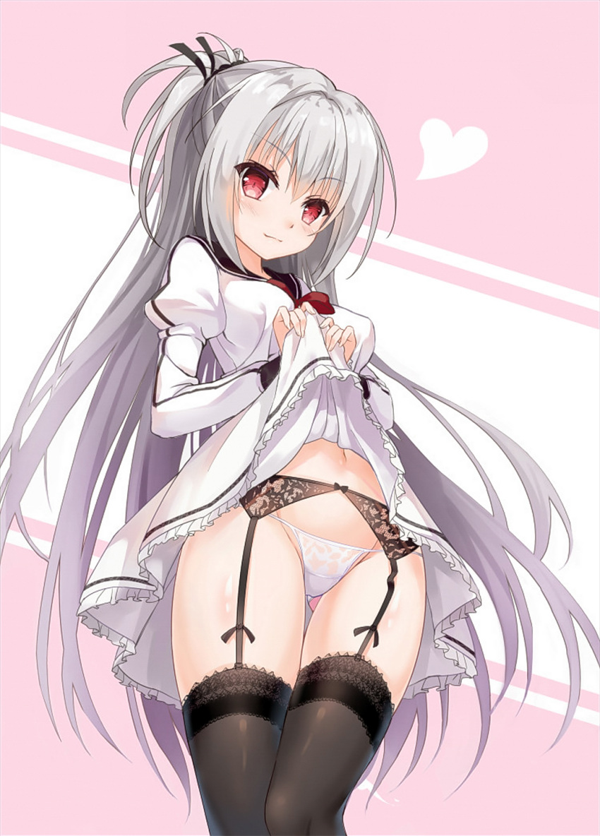 &gt;:) 1girl bangs black_garter_belt black_garter_straps black_ribbon black_thighhighs blue_sailor_collar blush bow breasts cannian_dada chinese_commentary clothes_lift commentary covered_nipples dracu-riot! elena_olegovna_owen eyelashes frilled_skirt frills grey_hair groin hair_between_eyes hair_ribbon hands_up heart highres jacket juliet_sleeves large_breasts long_hair long_sleeves looking_at_viewer miniskirt navel panties pantyshot pink_background ponytail puffy_sleeves red_bow red_eyes ribbon sailor_collar school_uniform seductive_smile sidelocks simple_background skirt skirt_lift smile solo standing stomach straight_hair thigh_gap thighhighs thighs underwear v-shaped_eyebrows very_long_hair white_background white_jacket white_panties white_skirt yuzu-soft