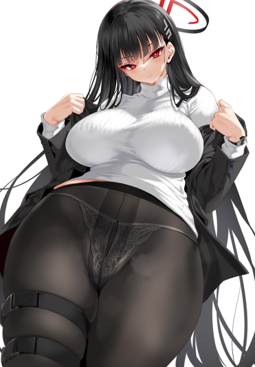 1girl bangs black_hair black_jacket blue_archive breasts brown_pantyhose cle_masahiro halo highres jacket large_breasts long_hair long_sleeves looking_at_viewer off_shoulder open_clothes open_jacket panties panties_under_pantyhose pantyhose red_eyes rio_(blue_archive) solo sweater thighs turtleneck turtleneck_sweater underwear white_sweater