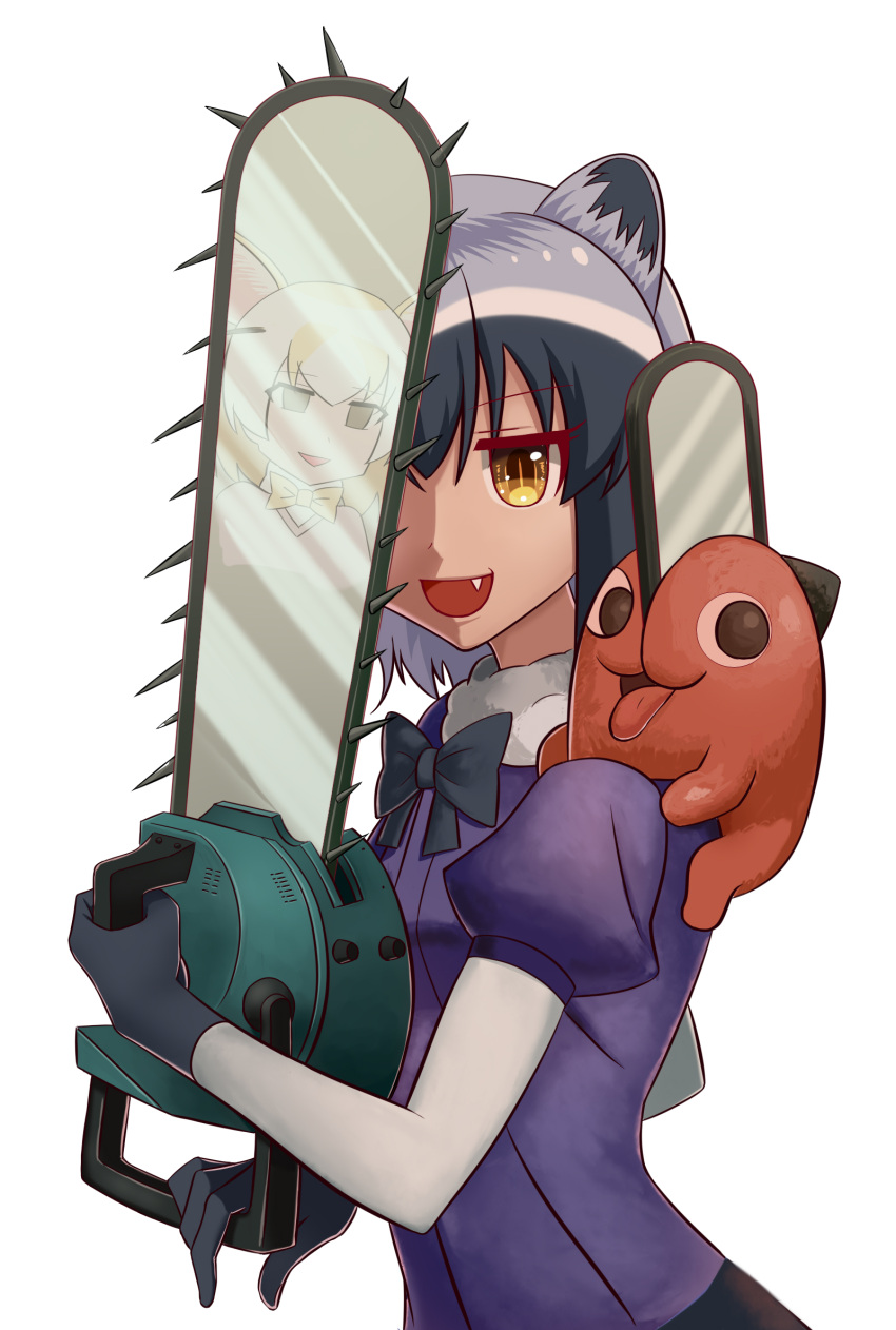 2girls :d animal_ears black_gloves chainsaw chainsaw_man common_raccoon_(kemono_friends) crossover fang fennec_(kemono_friends) gloves grey_hair highres holding holding_chainsaw kemono_friends looking_at_viewer multicolored_hair multiple_girls open_mouth pochita_(chainsaw_man) puffy_short_sleeves puffy_sleeves purple_shirt reflection shirt short_sleeves simple_background slit_pupils smile taka_(takahirokun) white_background yellow_eyes