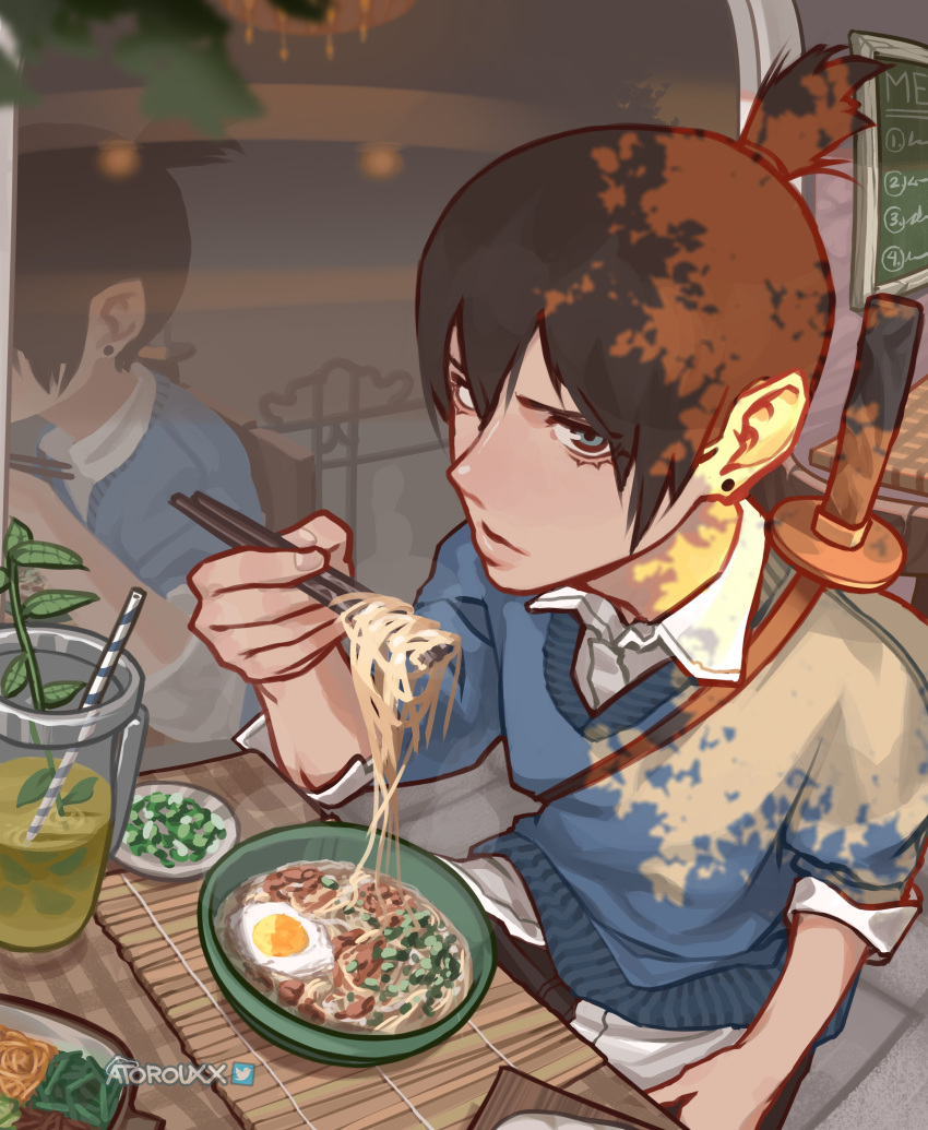 1boy absurdres artist_name atoroux black_hair chainsaw_man chopsticks collared_shirt cup dappled_sunlight drinking_straw earrings egg food hayakawa_aki highres holding holding_chopsticks jewelry katana looking_to_the_side menu noodles ramen reflection shirt short_hair sitting sleeves_rolled_up sling solo stud_earrings sunlight sword topknot weapon weapon_on_back white_shirt