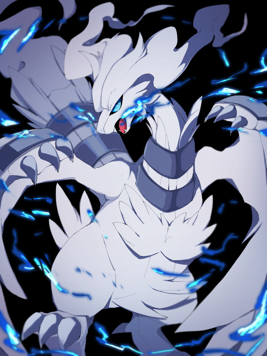 absurdres black_background blue_eyes blue_fire blurry breathing_fire claws commentary fangs fire highres kou11021301 looking_at_viewer no_humans open_mouth pokemon pokemon_(creature) reshiram solo symbol-only_commentary tongue