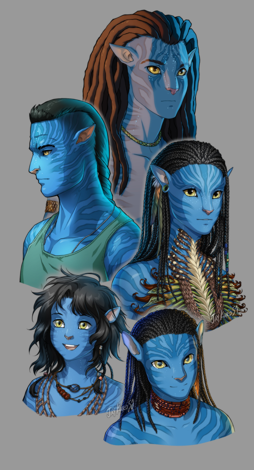 2girls 3boys absurdres alien avatar:_the_way_of_water black_hair blue_skin colored_skin cropped_torso highres jake_sully james_cameron's_avatar jay_kuro jewelry kiri_(avatar) long_hair miles_quaritch multiple_boys multiple_girls na'vi necklace netayam neytiri pointy_ears simple_background tank_top yellow_eyes