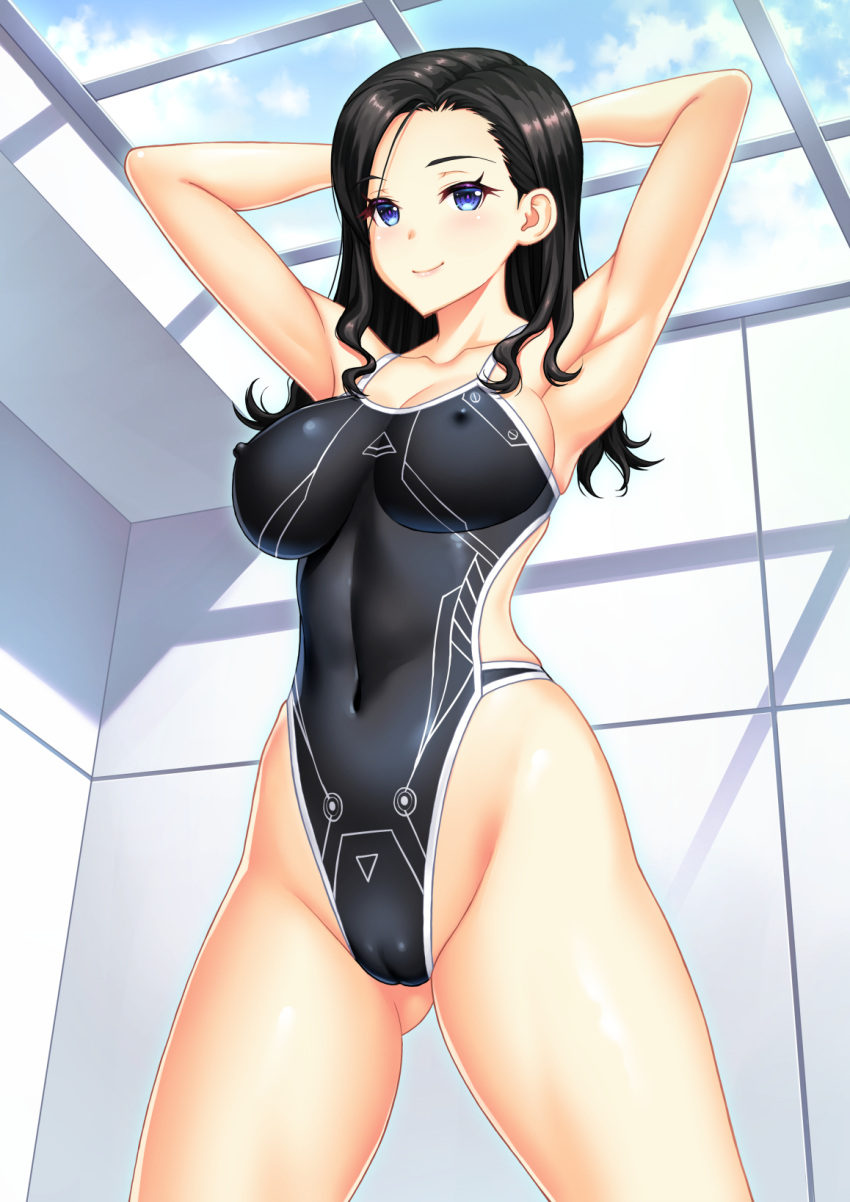 1girl armpits arms_behind_head black_hair black_one-piece_swimsuit blue_eyes blue_sky breasts cameltoe cloud competition_swimsuit covered_navel covered_nipples cowboy_shot forehead highleg highleg_swimsuit highres kuri_(kurigohan) long_hair medium_breasts one-piece_swimsuit original presenting_armpit sky solo speedo_(company) standing swimsuit wavy_hair